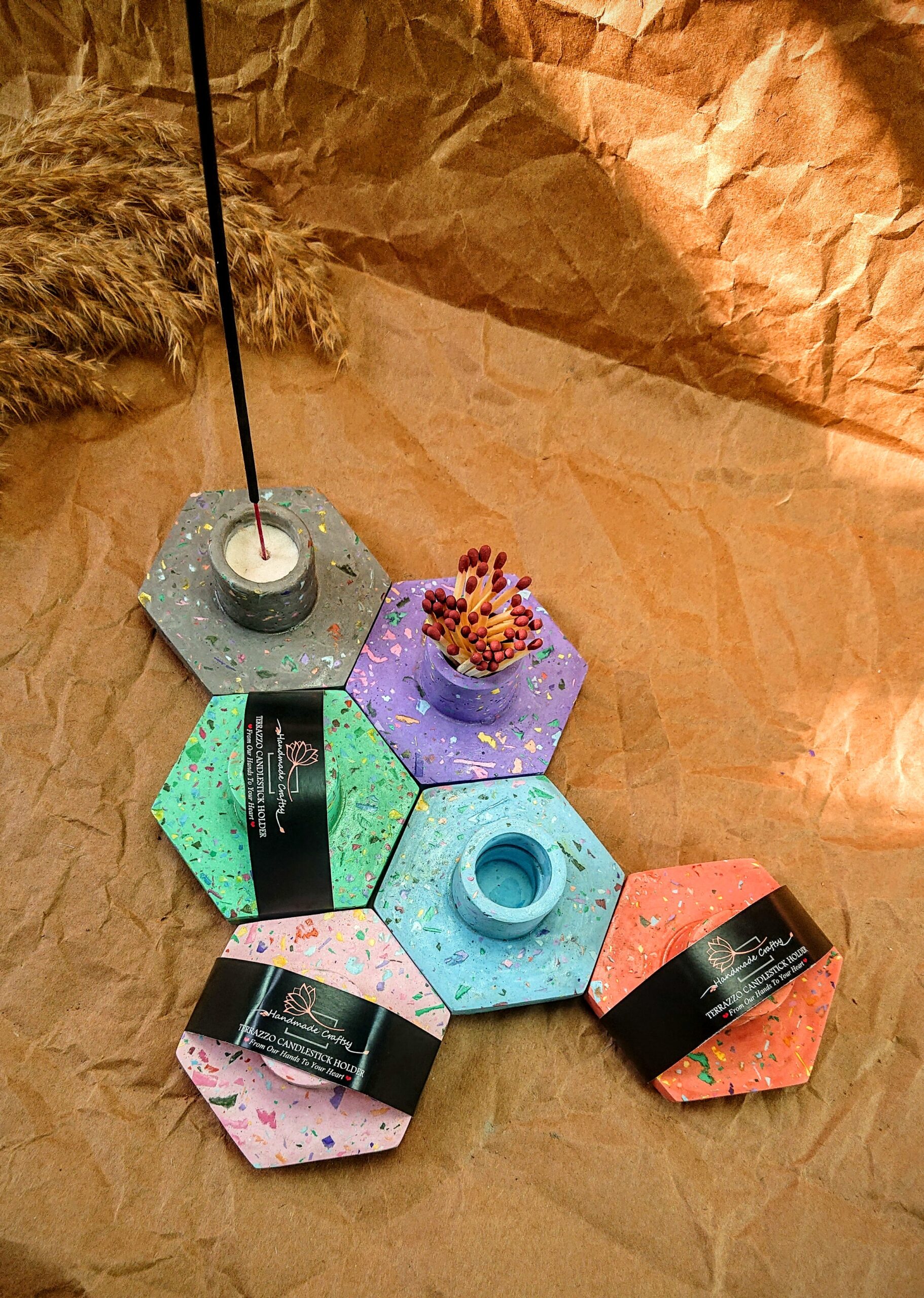 Incense holder | Terrazzo Candlestick & Matchstick Holder | Hexagon Design
